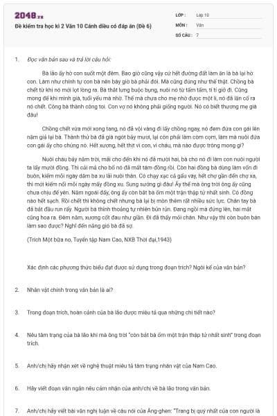 Đề kiểm tra học kì 2 Văn 10 Cánh diều có đáp án (Đề 6)