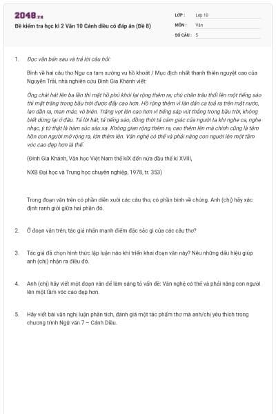 Đề kiểm tra học kì 2 Văn 10 Cánh diều có đáp án (Đề 8)