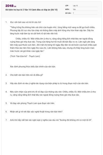 Đề kiểm tra học kì 2 Văn 10 Cánh diều có đáp án (Đề 10)