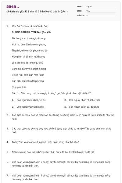 Đề kiểm tra giữa kì 2 Văn 10 Cánh diều có đáp án (Đề 1)