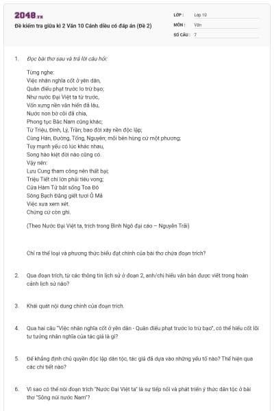 Đề kiểm tra giữa kì 2 Văn 10 Cánh diều có đáp án (Đề 2)
