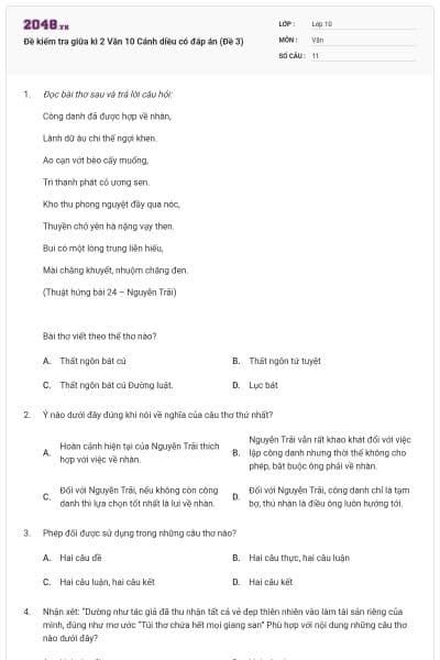Đề kiểm tra giữa kì 2 Văn 10 Cánh diều có đáp án (Đề 3)
