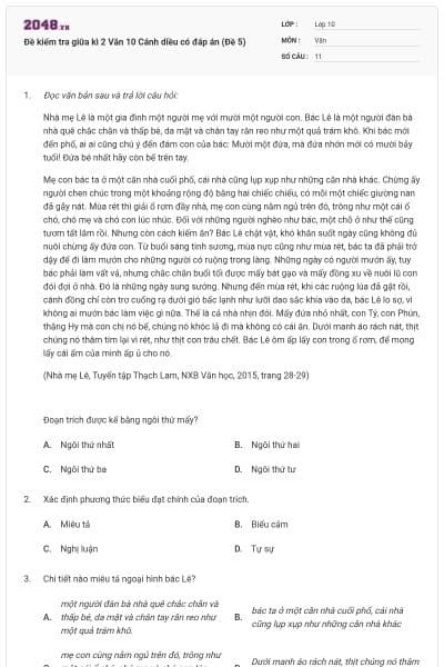 Đề kiểm tra giữa kì 2 Văn 10 Cánh diều có đáp án (Đề 5)