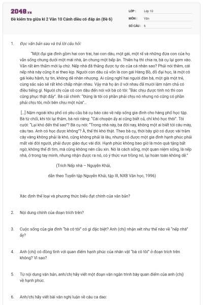 Đề kiểm tra giữa kì 2 Văn 10 Cánh diều có đáp án (Đề 6)