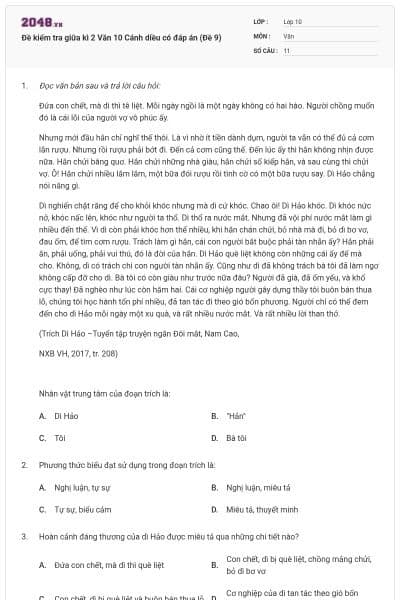 Đề kiểm tra giữa kì 2 Văn 10 Cánh diều có đáp án (Đề 9)