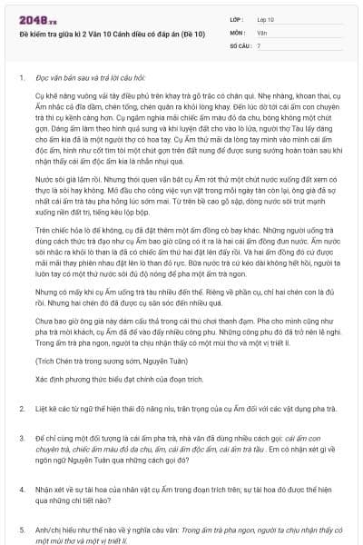 Đề kiểm tra giữa kì 2 Văn 10 Cánh diều có đáp án (Đề 10)