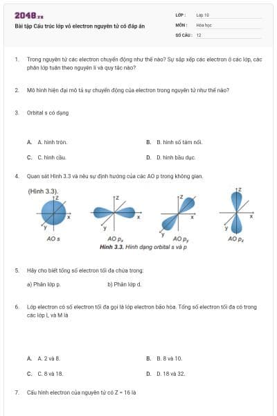 Bài tập Cấu trúc lớp vỏ electron nguyên tử có đáp án