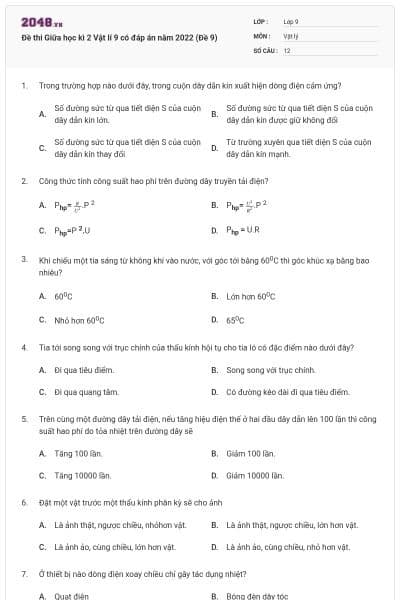 Đề thi Giữa học kì 2 Vật lí 9 có đáp án năm 2022 (Đề 9)