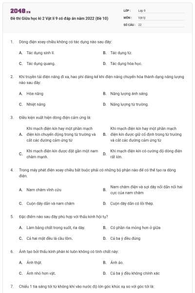 Đề thi Giữa học kì 2 Vật lí 9 có đáp án năm 2022 (Đề 10)