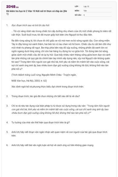 Đề kiểm tra học kì 2 Văn 10 Kết nối tri thức có đáp án (Đề 1)