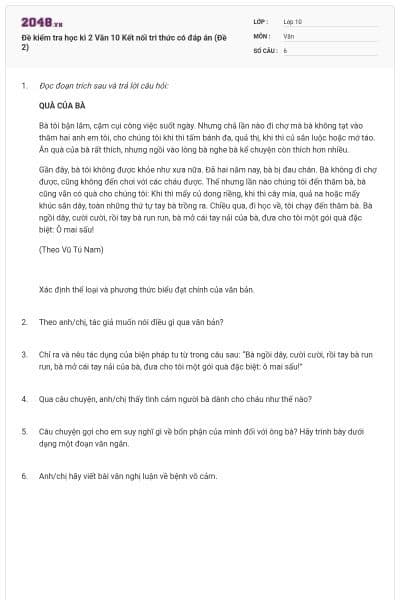 Đề kiểm tra học kì 2 Văn 10 Kết nối tri thức có đáp án (Đề 2)