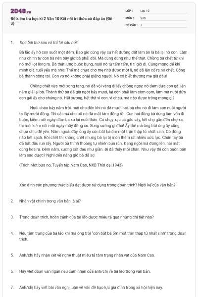 Đề kiểm tra học kì 2 Văn 10 Kết nối tri thức có đáp án (Đề 3)