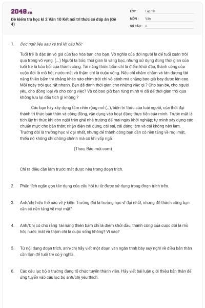 Đề kiểm tra học kì 2 Văn 10 Kết nối tri thức có đáp án (Đề 4)