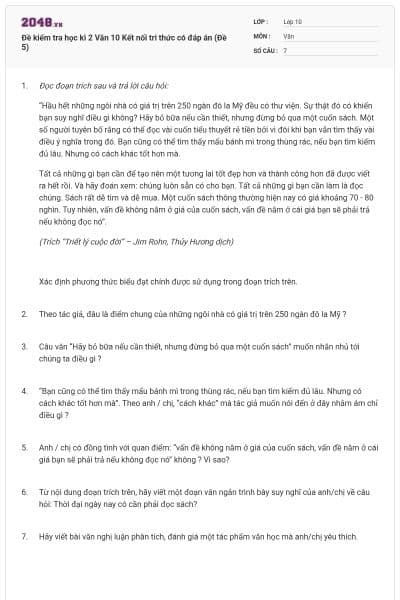 Đề kiểm tra học kì 2 Văn 10 Kết nối tri thức có đáp án (Đề 5)