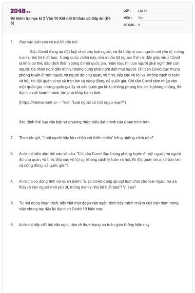 Đề kiểm tra học kì 2 Văn 10 Kết nối tri thức có đáp án (Đề 6)