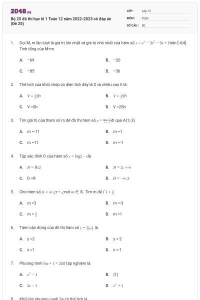 Bộ 25 đề thi học kì 1 Toán 12 năm 2022-2023 có đáp án (Đề 25)