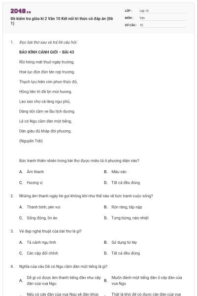 Đề kiểm tra giữa kì 2 Văn 10 Kết nối tri thức có đáp án (Đề 1)