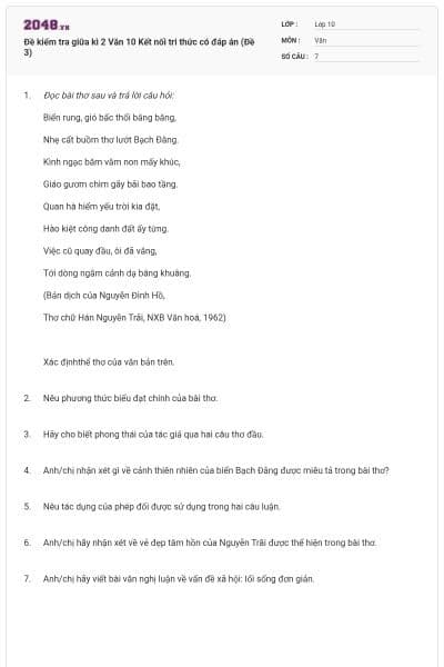 Đề kiểm tra giữa kì 2 Văn 10 Kết nối tri thức có đáp án (Đề 3)