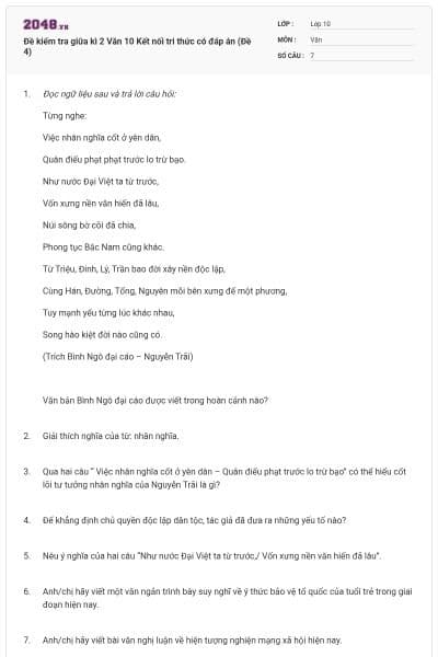 Đề kiểm tra giữa kì 2 Văn 10 Kết nối tri thức có đáp án (Đề 4)