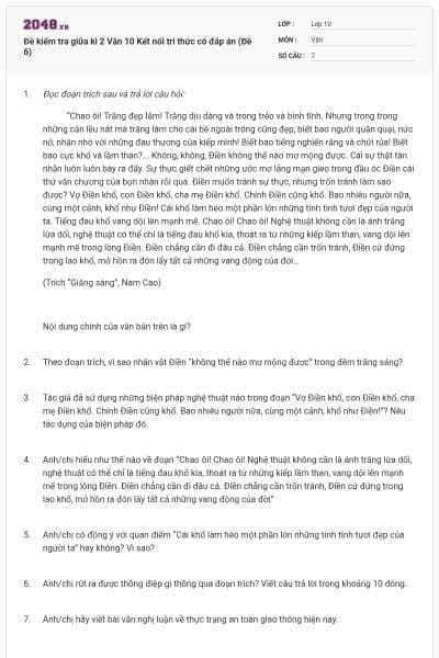 Đề kiểm tra giữa kì 2 Văn 10 Kết nối tri thức có đáp án (Đề 6)