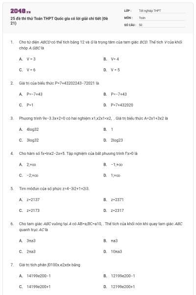 25 đề thi thử Toán THPT Quốc gia có lời giải chi tiết (Đề 21)