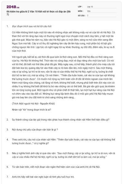 Đề kiểm tra giữa kì 2 Văn 10 Kết nối tri thức có đáp án (Đề 7)