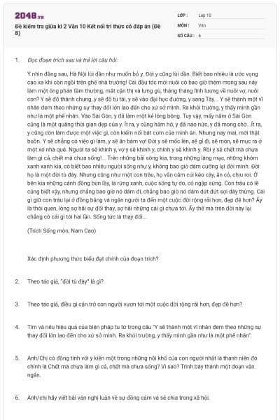 Đề kiểm tra giữa kì 2 Văn 10 Kết nối tri thức có đáp án (Đề 8)