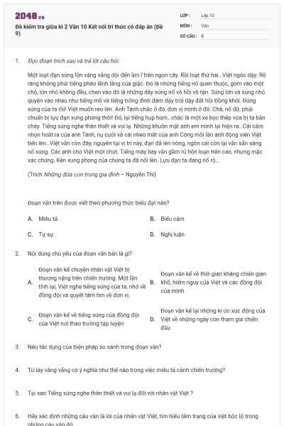 Đề kiểm tra giữa kì 2 Văn 10 Kết nối tri thức có đáp án (Đề 9)