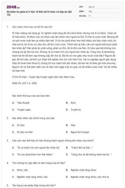 Đề kiểm tra giữa kì 2 Văn 10 Kết nối tri thức có đáp án (Đề 10)