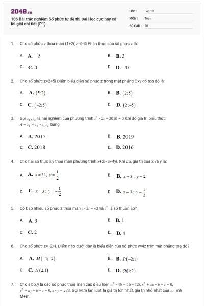 106 Bài trắc nghiệm Số phức từ đề thi Đại Học cực hay cớ lời giải chi tiết (P1)