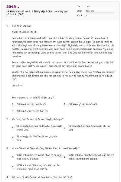 Đề kiểm tra cuối học kì 2 Tiếng Việt 3 Chân trời sáng tạo có đáp án (Đề 2)