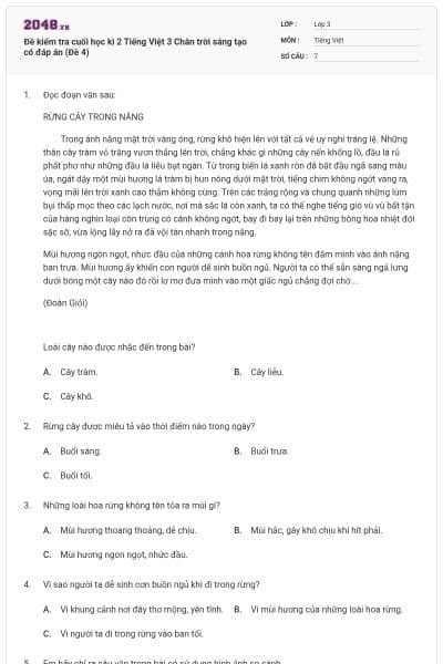 Đề kiểm tra cuối học kì 2 Tiếng Việt 3 Chân trời sáng tạo có đáp án (Đề 4)