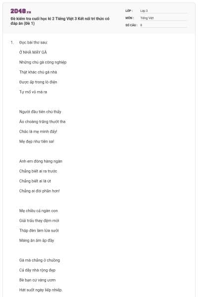 Đề kiểm tra cuối học kì 2 Tiếng Việt 3 Kết nối tri thức có đáp án (Đề 1)