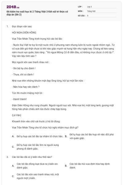 Đề kiểm tra cuối học kì 2 Tiếng Việt 3 Kết nối tri thức có đáp án (Đề 2)