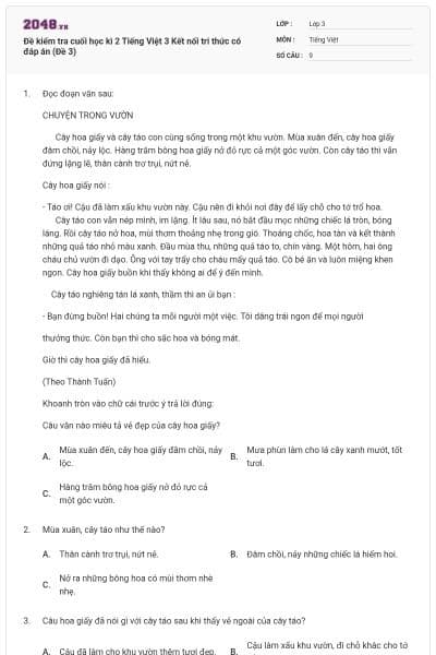 Đề kiểm tra cuối học kì 2 Tiếng Việt 3 Kết nối tri thức có đáp án (Đề 3)