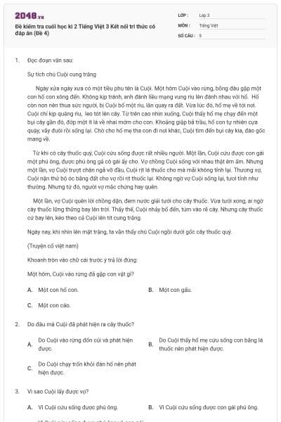 Đề kiểm tra cuối học kì 2 Tiếng Việt 3 Kết nối tri thức có đáp án (Đề 4)