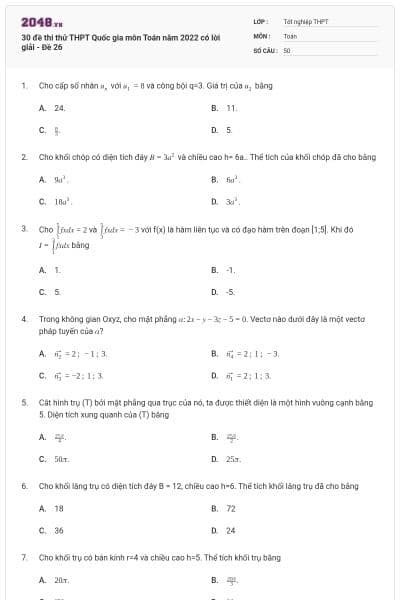 30 đề thi thử THPT Quốc gia môn Toán năm 2022 có lời giải - Đề 26