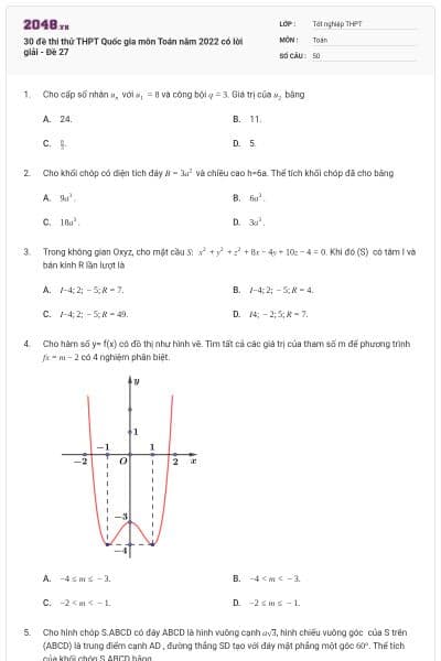 30 đề thi thử THPT Quốc gia môn Toán năm 2022 có lời giải - Đề 27
