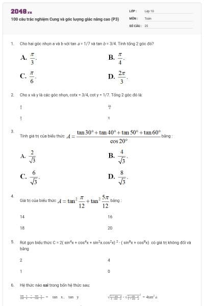 100 câu trắc nghiệm Cung và góc lượng giác nâng cao (P3)