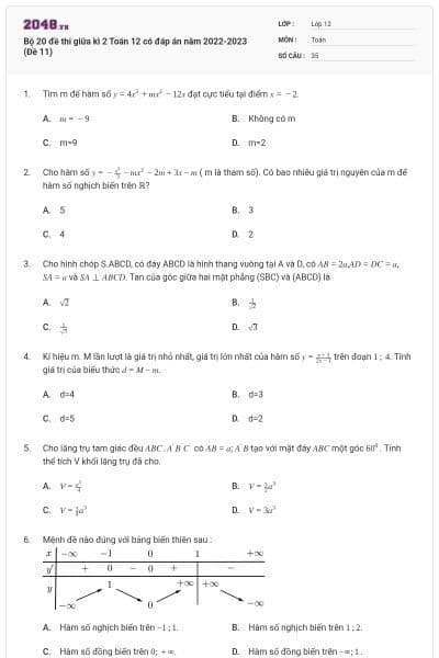 Bộ 20 đề thi giữa kì 2 Toán 12 có đáp án năm 2022-2023 (Đề 11)
