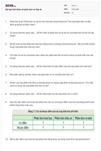 Bài tập Giới thiệu về phân bón có đáp án