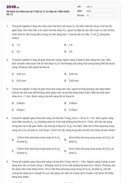 Đề kiểm tra Giữa học kỳ 2 Vật Lý 12 có đáp án ( Mới nhất) - Đề 12