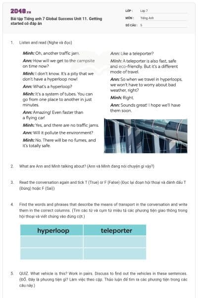 Bài tập Tiếng anh 7 Global Success Unit 11. Getting started có đáp án