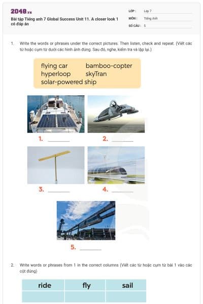 Bài tập Tiếng anh 7 Global Success Unit 11. A closer look 1 có đáp án