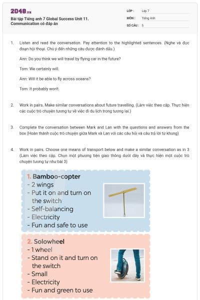 Bài tập Tiếng anh 7 Global Success Unit 11. Communication có đáp án