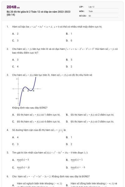 Bộ 20 đề thi giữa kì 2 Toán 12 có đáp án năm 2022-2023 (Đề 14)