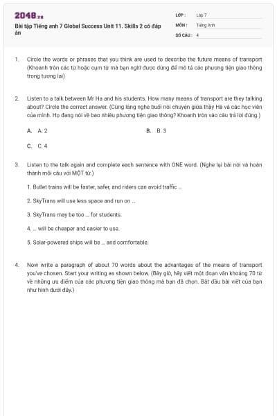 Bài tập Tiếng anh 7 Global Success Unit 11. Skills 2 có đáp án