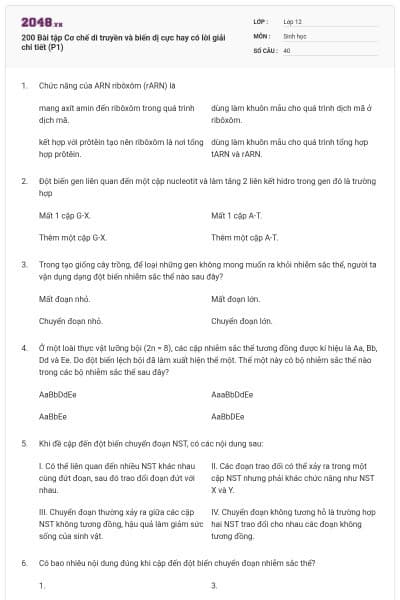 200 Bài tập Cơ chế di truyền và biến dị cực hay có lời giải chi tiết (P1)