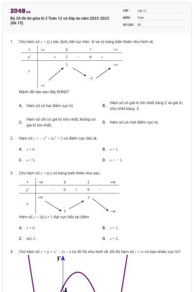 Bộ 20 đề thi giữa kì 2 Toán 12 có đáp án năm 2022-2023 (Đề 15)