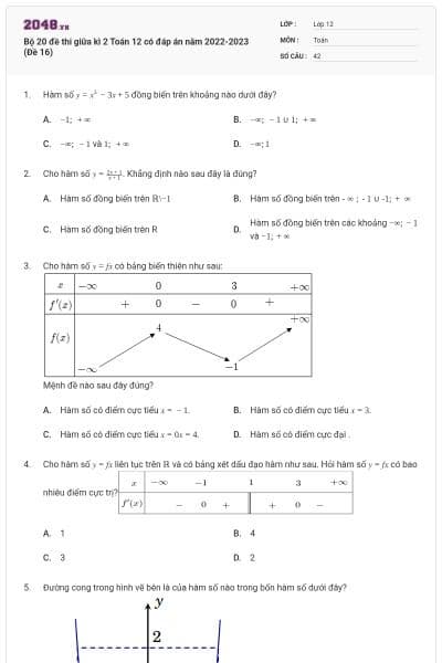 Bộ 20 đề thi giữa kì 2 Toán 12 có đáp án năm 2022-2023 (Đề 16)